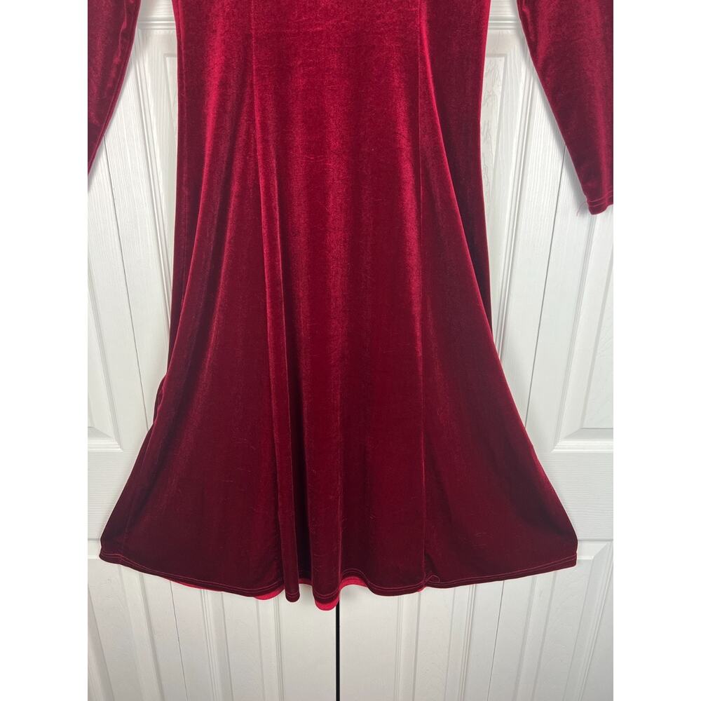 Red Velour Midi Dress Long Sleeve Fit & Flare Stretch Minimalist Small 6 - Picture 4 of 7